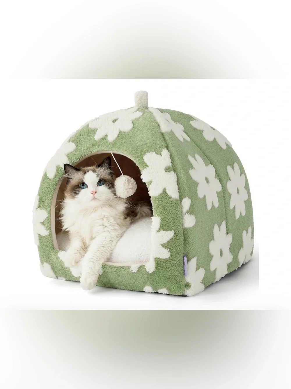 Cozy Green Floral Cat Cave Bed with Pom Toy